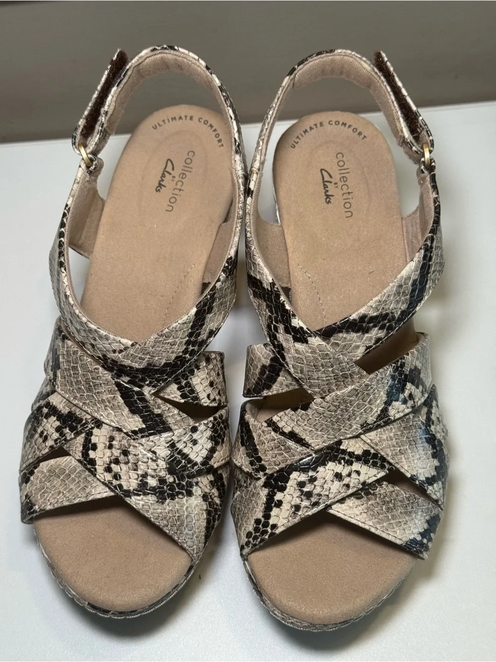 Clarks Women's Snake-Print Crisscross Wedge Sandals in Beige and Black